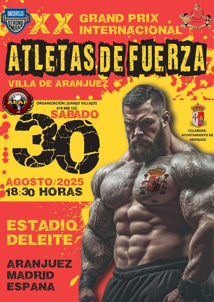 Cartel oficial del XX Grand Prix Internacional Atletas de Fuerza Villa de Aranjuez, 30 de agosto de 2025 en el Estadio Deleite